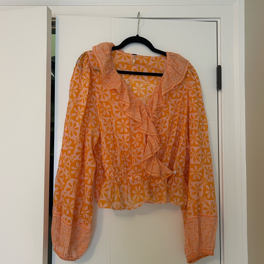 Free People Orange Floral Blouse with Ruffles
